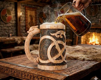 Norse Empire 20oz Hand Carved Wooden Beer Mug - Urnes Style Tankard