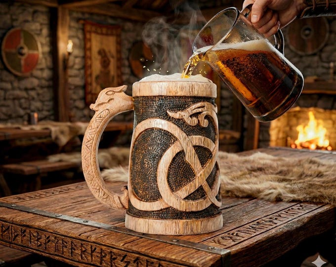 Norse Empire 20oz Hand Carved Wooden Beer Mug - Urnes Style Viking Tankard - Handcrafted Rustic Wood Drinking Cup & Groomsmen Gift