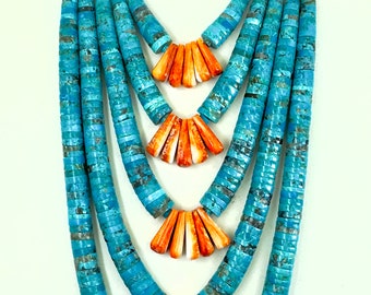 Gorgeous, Bold Five-Strand Turquoise and Spiny Oyster Shell Necklace by Lupe Lovato