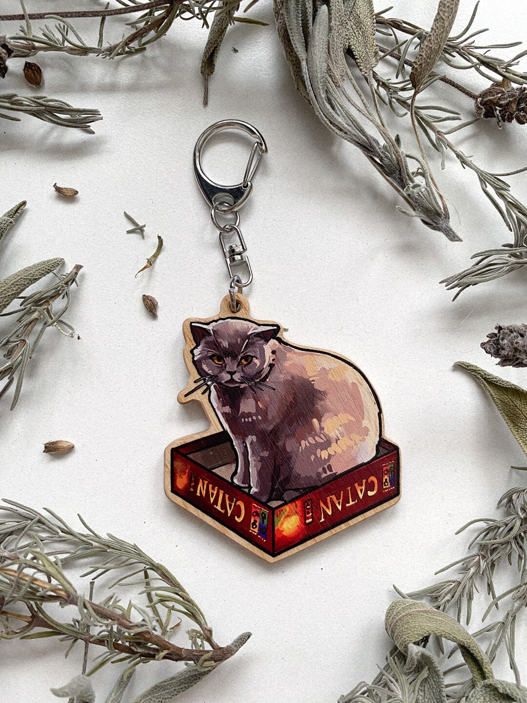 Funny Cute Cat Charm, Catan Keychain, Natural Ashwood Material, British