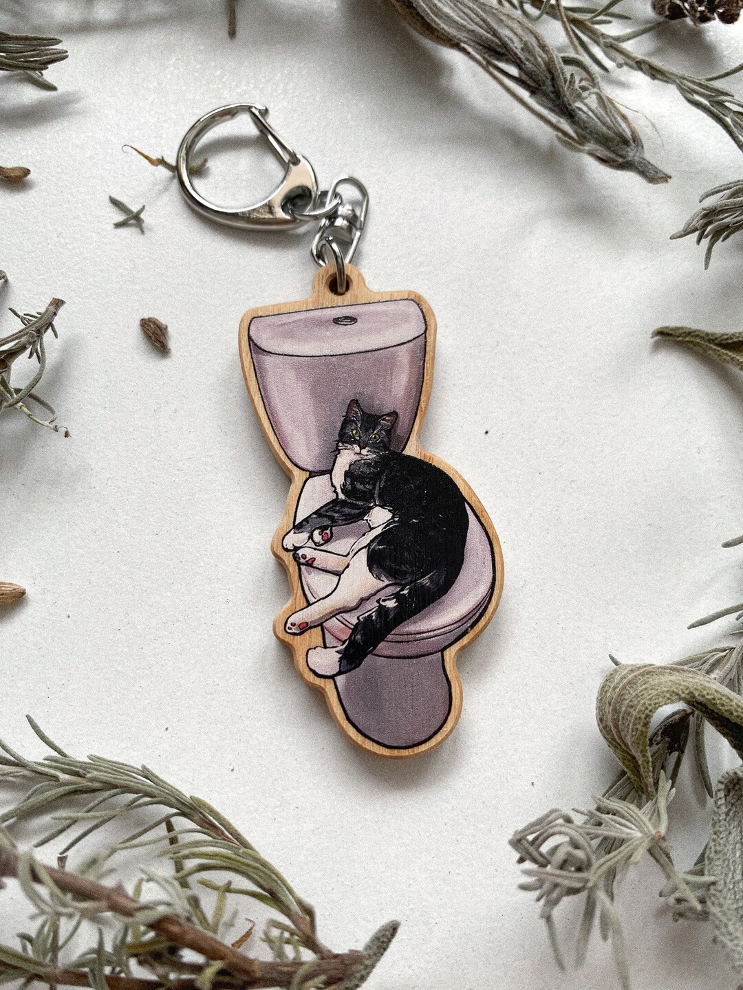 Funny Cute Cat Charm/keychain, Natural Ashwood Material, Cat on the