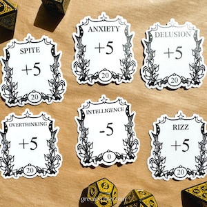 Adesivi con blocchi di statistiche DND, divertenti statistiche D&D, adesivi in vinile Spite, Anxiety, Delusion, Overthinking, Intelligence e Rizz ttrpg, regalo dnd