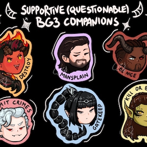Puede incluir: Un conjunto de seis retratos de personajes ilustrados con burbujas de texto. Los personajes son del videojuego Baldur's Gate 3. El texto en las burbujas dice "Destruir", "Explicar como un hombre", "Cometer crímenes", "Sé amable", "Guardián", y "Matar o ser asesinado".