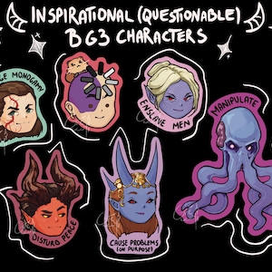 May include: Six colourful illustrated character stickers with text. The characters are a purple-skinned elf with a cat on his head, a blue-skinned elf with a crown, a red-skinned demon with horns, a blue octopus, a purple-skinned elf with blonde hair, and a human with red hair. The text on the stickers reads "Sabatoge Monogamy", "Disturb Peace", "Cause Problems (on purpose)", "Manipulate", "Enslave Men", and "Sabatoge Monogamy".