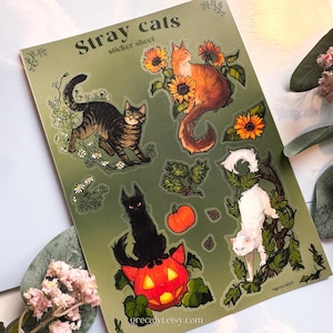 Foglio di adesivi con gatti a tema natura, adesivi floreali fatti a mano con gatti randagi, regalo carino per gli amanti dei gatti, decorazione, diario o scrapbooking