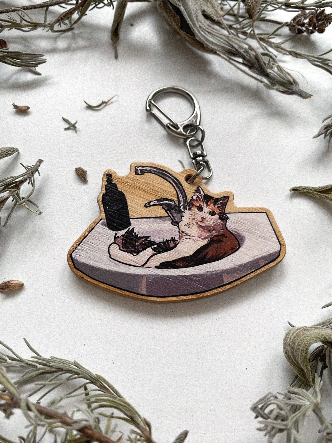 Funny Cute Cat Charm/keychain, Natural Ashwood Material, Calico Cat in