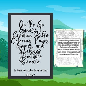 May include: A printable bundle of Genesis Creation Bible coloring pages, games, and quizzes. The image shows a sample coloring page with the text "And to every beast of the earth, and to every fowl of the air, and to every thing that creepeth upon the earth, wherein there is life, I have given every green herb for meat and it was so."