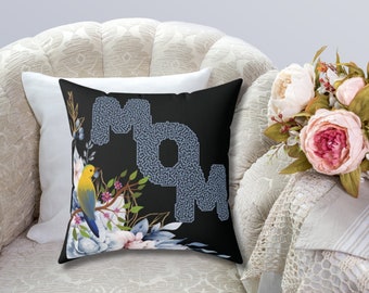 Floral Mom and Bird Maze  Square Pillow, Presents for Mother's Day, Gifts for Puzzle Lovers, Nature Decor, Blue Flowers, Black Throw Pillow