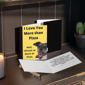 Te amo más que a la pizza: tarjetas de felicitación divertidas con perros casi amarillos (8, 16 y 24 piezas) / Perro Schnauzer miniatura o Snorkel / Tarjeta divertida