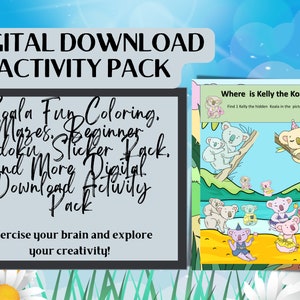 Könnte beinhalten: Ein digitaler Download-Aktivitätspaket mit Koala-Motiven zum Ausmalen, Labyrinthen, Sudoku für Anfänger, Stickerbögen und vielem mehr. Der Text "Koala Fun Coloring, Mazes, Beginner Sudoku, Sticker Pack, and More Digital Download Activity Pack" ist in schwarzer Kursivschrift auf hellblauem Hintergrund geschrieben. Der Text "Exercise your brain and explore your creativity!" ist in schwarzer Schrift auf weißem Hintergrund geschrieben. Das Bild zeigt auch eine Beispiel-Aktivitätsseite mit dem Text "Where is Kelly the Koala? Find 1 Kelly the hidden Koala in the picture." und einer bunten Illustration von Koalas.