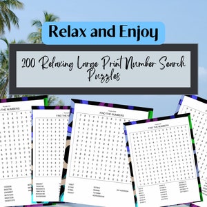 200 Relaxing Large Print Number Search Puzzles, Printable PDF Download