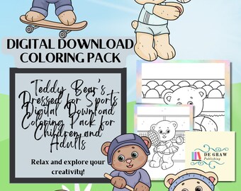 Teddy Bear’s Dressed for Sports Digital Download Coloring Pack for Children and Adults Pastel Border | Printable Teddies | Travel Friendly