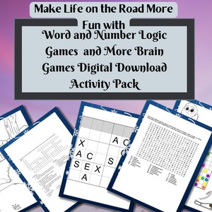 以下が含まれることがあります： 「Make Life on the Road More Fun with Word and Number Logic Games and More Brain Games Digital Download Activity Pack」というタイトルのデジタルダウンロード可能なアクティビティパック。このパックには、単語検索、クロスワードパズル、ロジックパズル、塗り絵など、さまざまなゲームが含まれています。