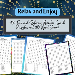 400 Fun and Relaxing Number Search Puzzles and 100 Word Search, Printable PDF Download, Floral and Beach Border, Brain Games