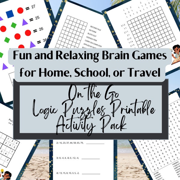 On the Go Logic Puzzles Printable Activity Pack| Sudoku| Number Puzzles| Nonogram puzzles| Word Tetris| Symbol Math| Brain Teaser Puzzles