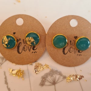 Beautiful stud earrings in petrol/turquoise gold, rose gold or silver with gold leaf