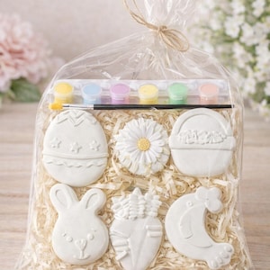 Puede incluir: Una bolsa de celofán transparente atada con hilo contiene un kit de galletas de Pascua para pintar. El kit incluye seis galletas blancas sin pintar con formas de Pascua, una paleta de pintura con seis colores y un pincel. Las galletas tienen forma de huevo, conejo, flor, cesta, zanahoria y pollito.