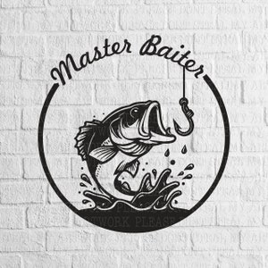 May include: Black and white illustration of a bass fish jumping out of the water with a hook in its mouth. The fish is inside a circle with the text "Master Baiter" around it.