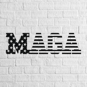 May include: Black and white graphic design of the word "MAMA" with a star pattern on the "M" and stripes on the "A"s. The design is on a white brick background.