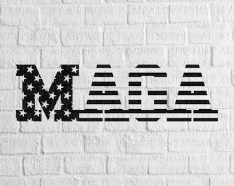 May include: Black and white graphic design of the word "MAMA" with a star pattern on the "M" and stripes on the "A"s. The design is on a white brick background.