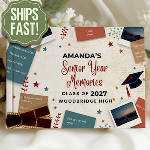 May include: A rectangular memory book cover with a cream background featuring the text AMANDA'S Senior Year Memories CLASS OF 2027 WOODBRIDGE HIGH. The design includes scattered polaroid photos, sticky notes, a graduation cap, and stars.