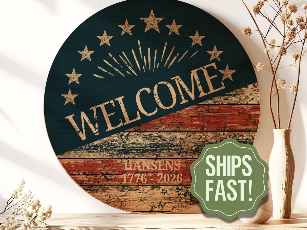 Personalized Americana Welcome Sign, Vintage USA 250 Round Wood Door ...