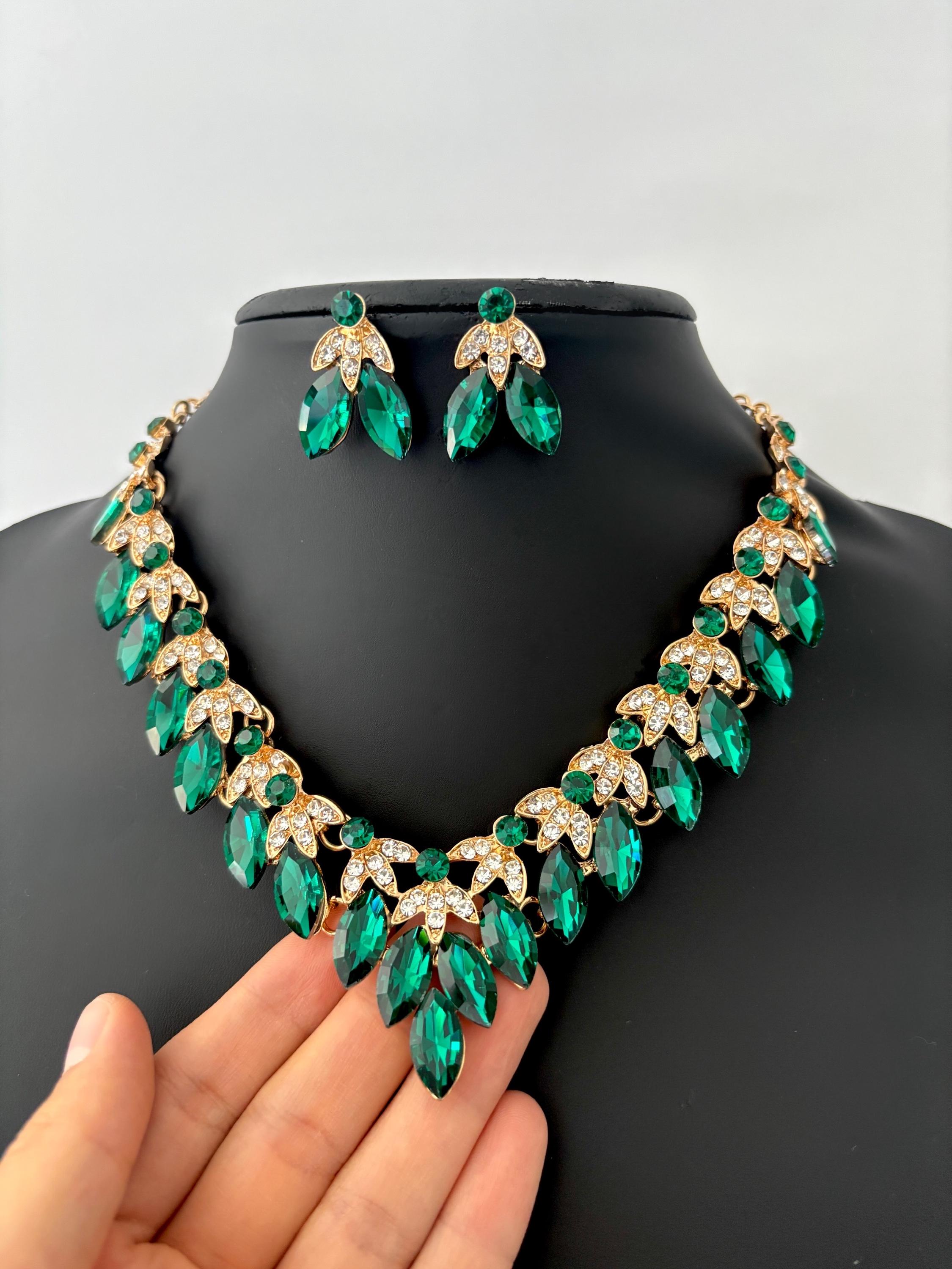 Dangle Emerald Green Crystal Jewelry Set, Gold Bridal Necklace Earrings Set, Emerald Wedding Pendant, Gold Bridal Jewelry, Emerald Earrings
