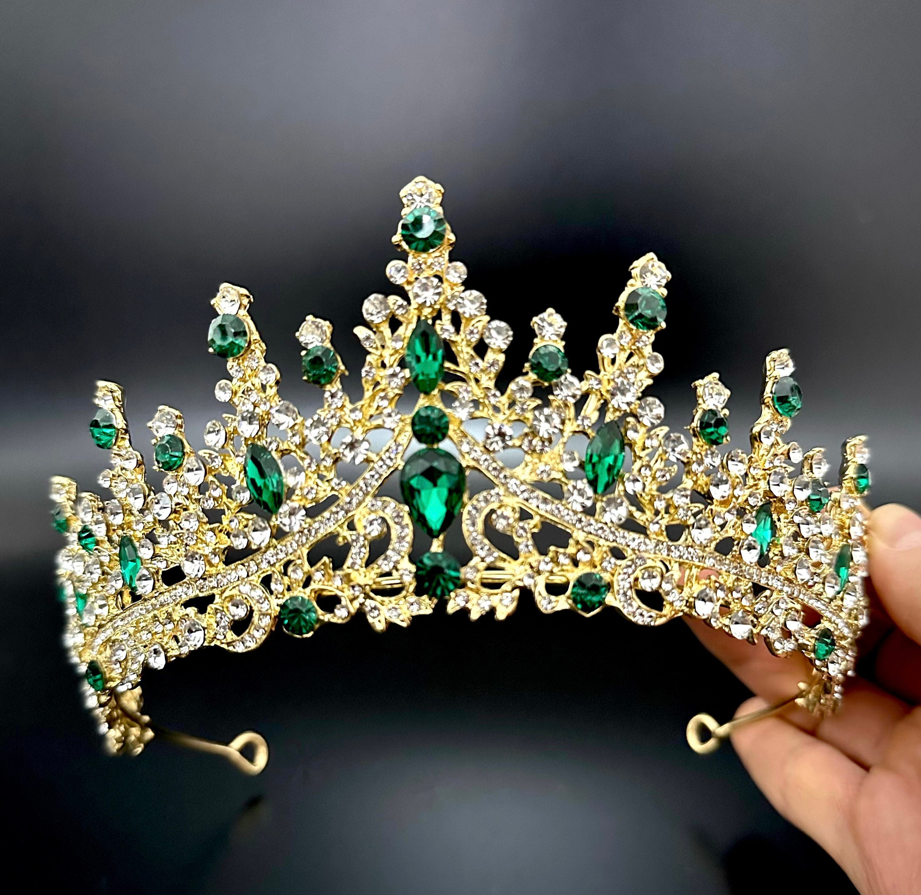 Emerald Green Crystal Tiara Set, Baroque Gold Leaf Necklace  display picture 2