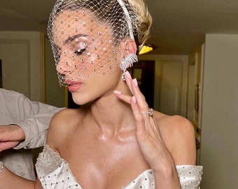 White Birdcage Veil with Crystal Wedding Headband Bridal Headwear Women Wedding Accessories Bridal Blusher Veil Fascinator Veil for Brides