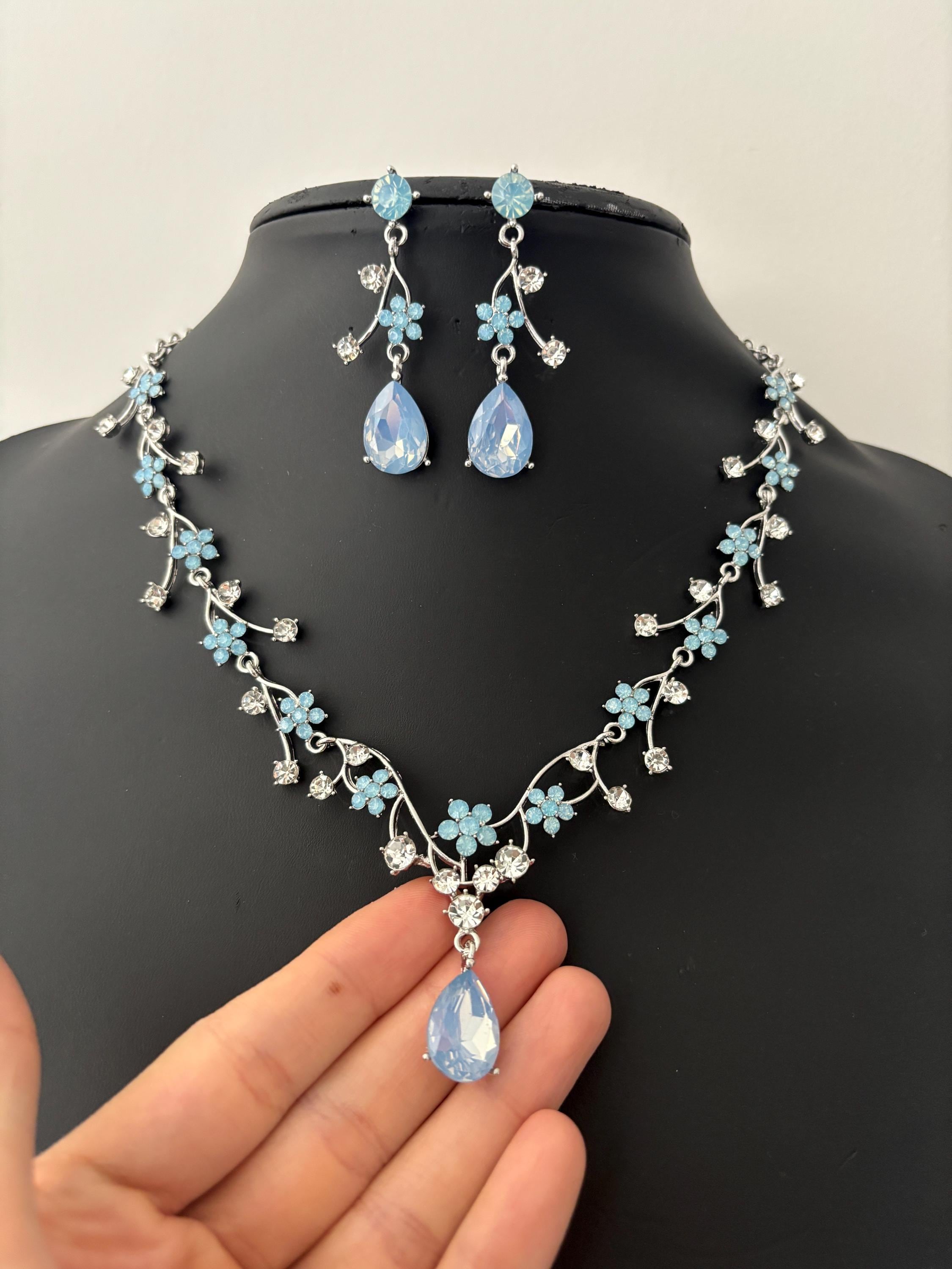 jewelry for light blue dress Opal Crystal Set, Silver Bridal Necklace Earrings Set, Aqua Blue Wedding Pendant, Blue Quinceanera Jewelry, Blue Drop Earrings Black Satin Dresses Plus Queen-like presence Size - UK/EURO:11/44 Nickel and lead free