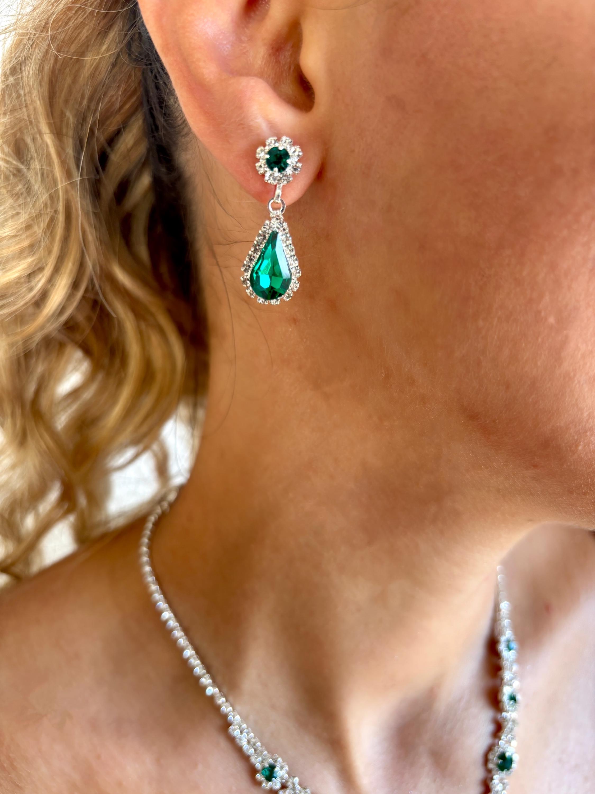 Crystal Peacock Green Bridal Wedding Party Necklace And Earrings Set – Silver Plated