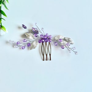 Purple Bridal Hair Piece Silver Leaf Wedding Hair Pins Crystal Bridal Hair Comb Bridesmaids Gift Lavender Bridal Headpiece Purple Jewelry