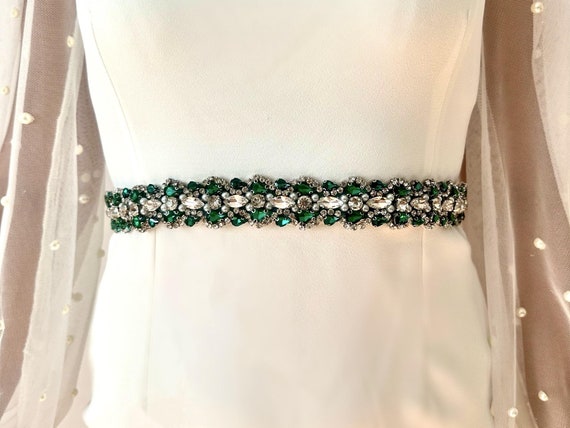 Emerald Green Pearl Bridal Sash Belt Crystal Wedding 