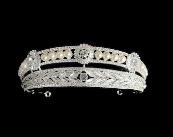 Silver Crystal Bridal Tiara,Pearl Wedding Crown,2 Layered Wedding Headband,Princess Diadem,Birthday Tiara,Quinceanera Tiara,Pearl Tiara