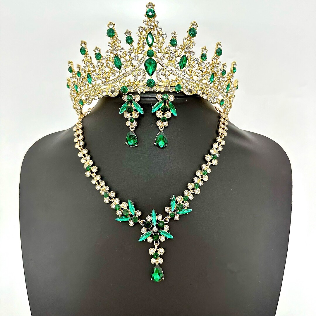 Emerald Green Crystal Tiara Set, Baroque Gold Leaf Necklace Earrings ...