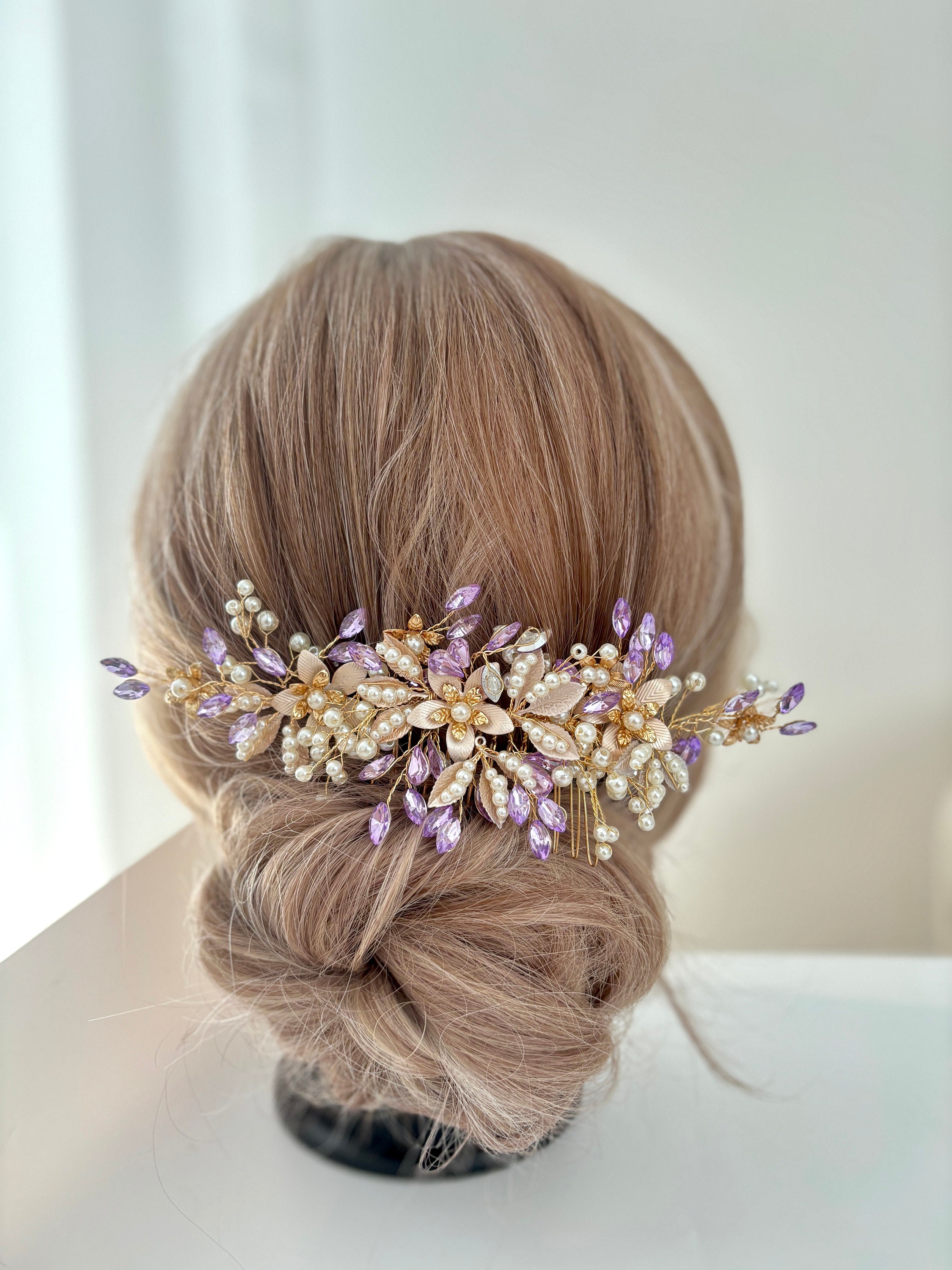 Floral Crystal‎ Hair Combs Set - Blue, Pink, Purple, Gold Rose Gold Crystal Bridal Hair Comb - C Purple | Buy Now with  main image 2