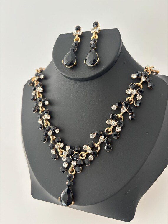 Black Crystal Jewelry Set, Gold Bridal Necklace Earrings Set  display picture 3