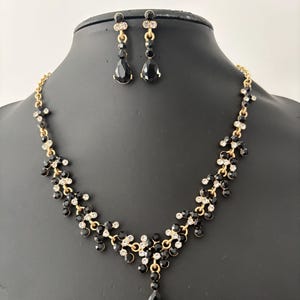 Black Crystal Wedding Jewelry Set, Gold Bridal Necklace Set, Rhinestone Women Jewelry, Black Statement Necklace, Black Bridesmaids Jewelry