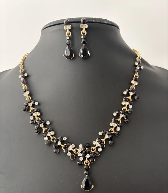 Black Crystal Wedding Jewelry Set, Gold Bridal Necklace Set