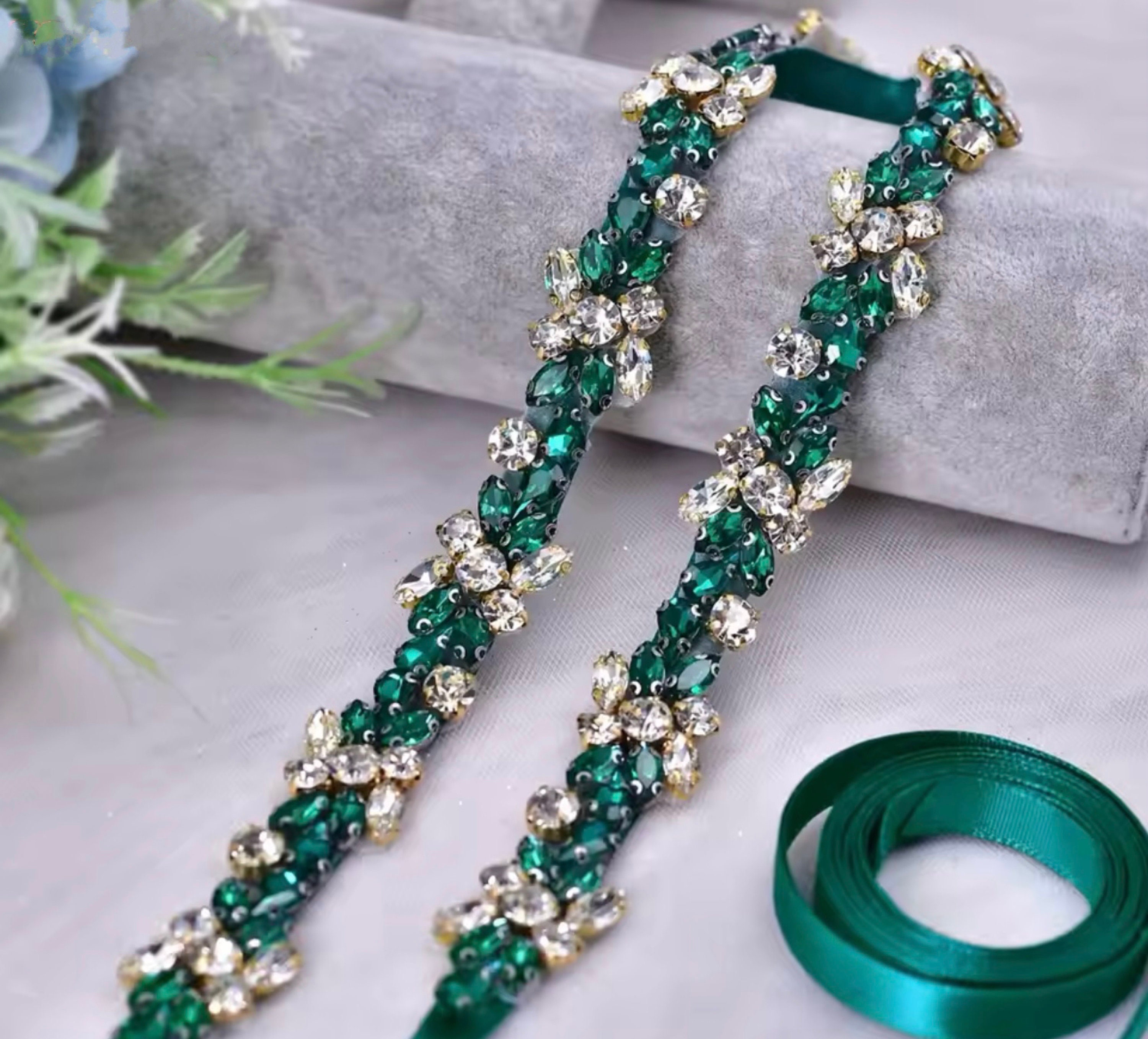 Green Thin Bridal Belt Emerald Leaf Crystal Rhinestone Sash 