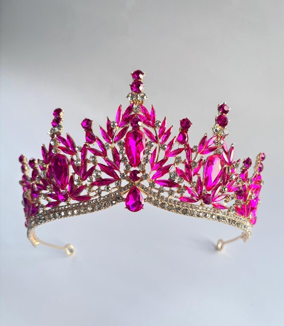 Crystal Hot Pink Tiara Bridal Wedding Crown Gold Hair  display picture 2