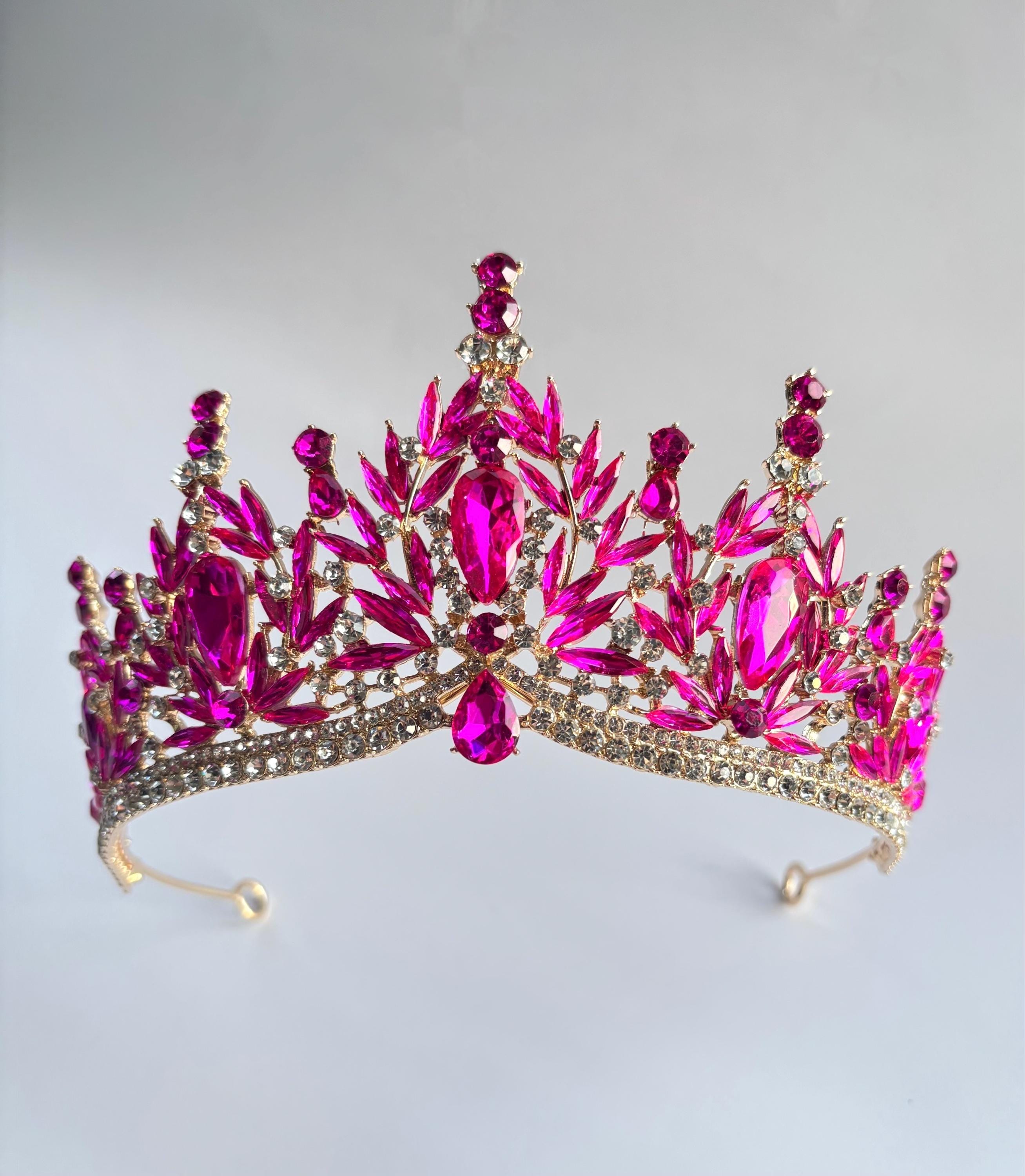 Crystal Hot Pink Tiara Bridal Wedding Crown Gold Hair Jewelry