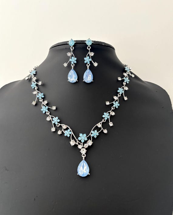 jewelry with light blue dress Opal Crystal Set, Silver Bridal Necklace Earrings Set, Aqua Blue Wedding Pendant, Blue Quinceanera Jewelry, Blue Drop Earrings Womens - Dress Dress woman Rick Owens Color:Ocean_Blue The dress also boasts