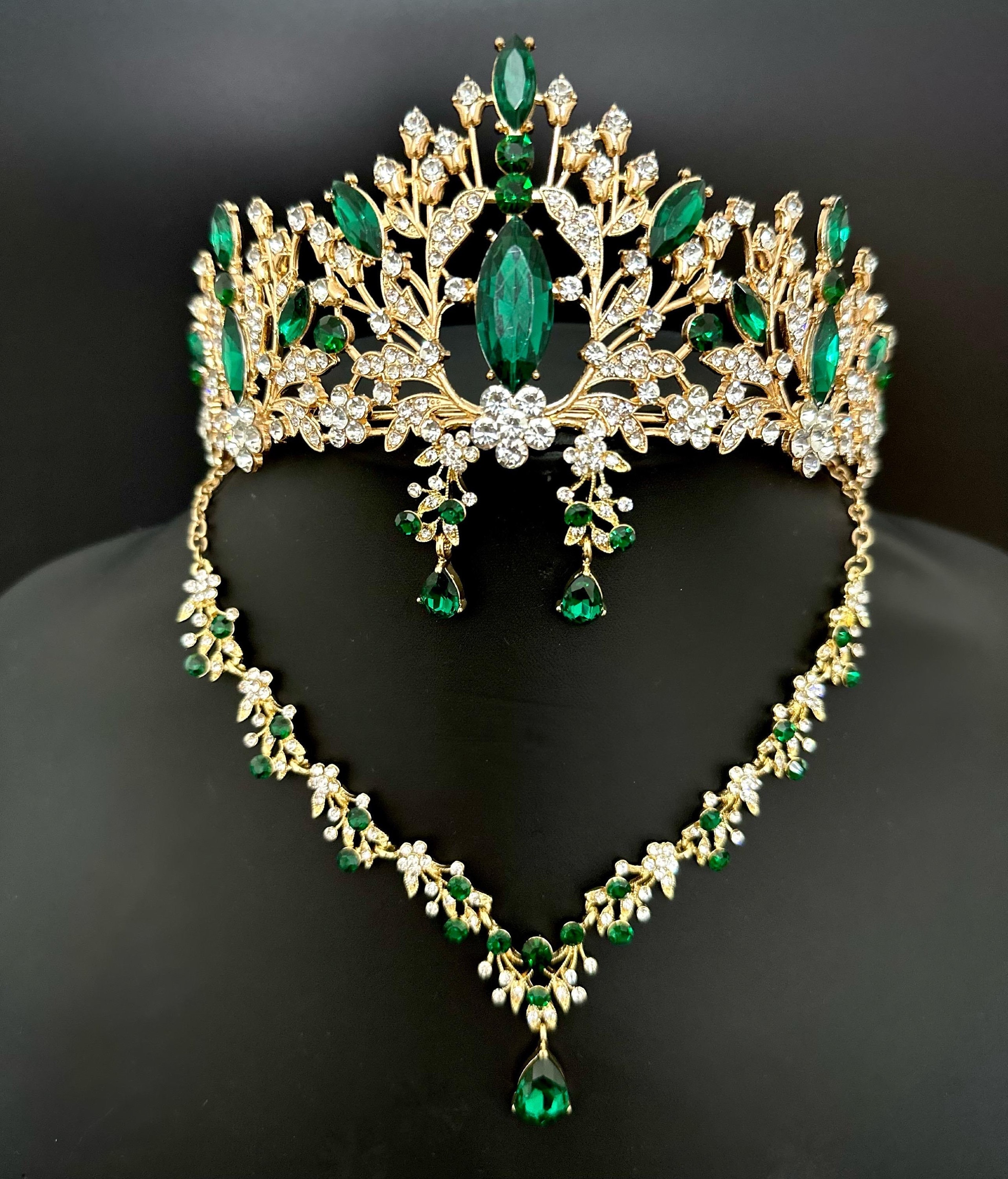 Emerald Green Crystal Tiara Set, Baroque Gold Leaf Necklace Earrings Set, Wedding Headpiece Crown, Prom Jewelry Set, Green Quinceanera Crown
