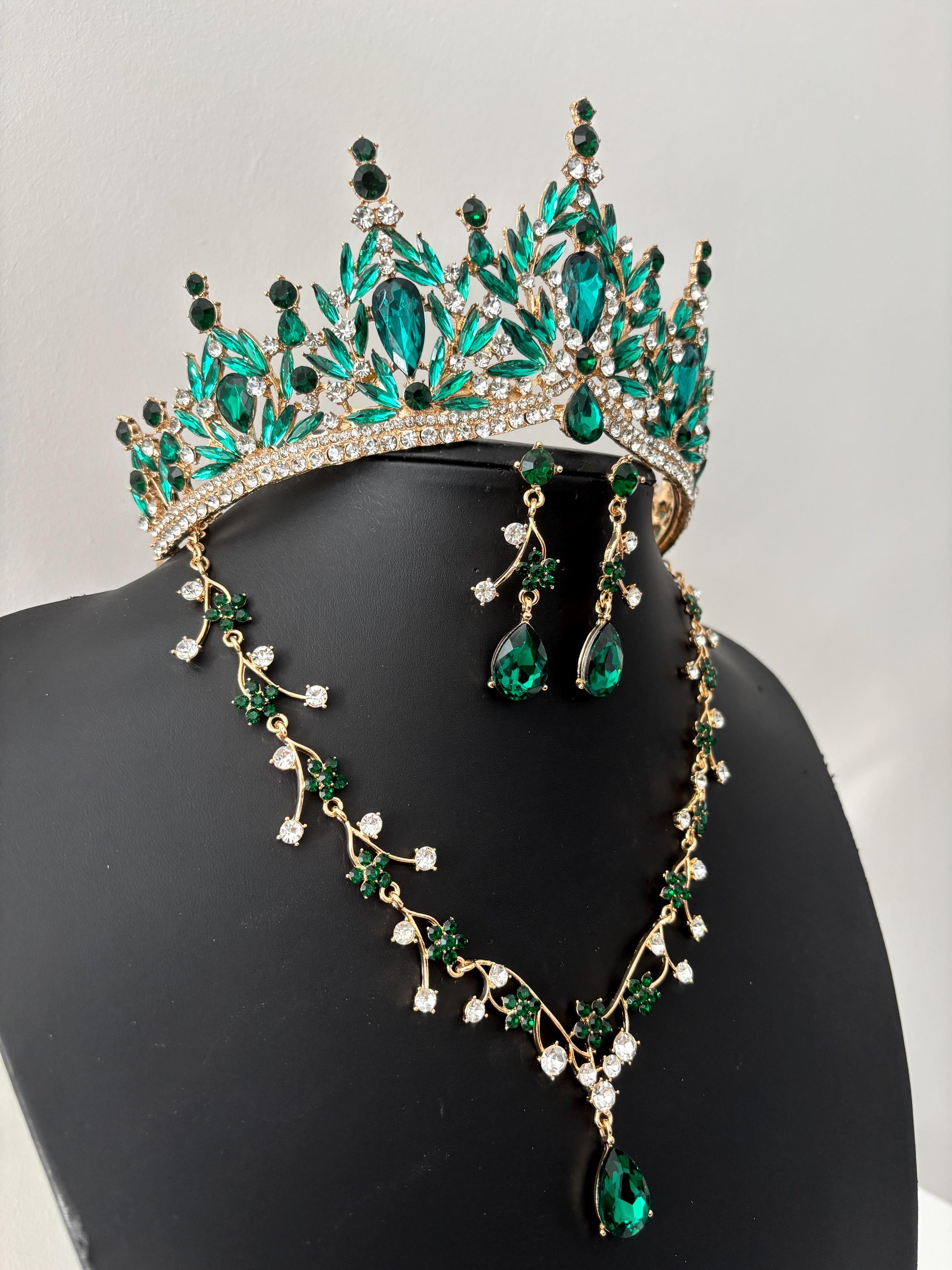 Emerald Green Crystal Tiara Set, Baroque Gold Leaf Necklace Earrings ...