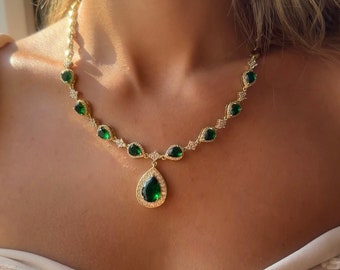 Set di gioielli in cristallo verde smeraldo, set di collana e