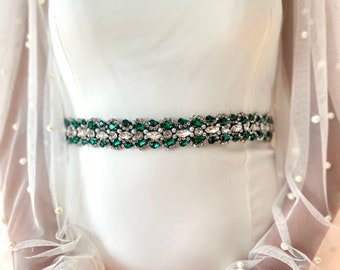 Vintage Beaded Sash Belt Green Crystal Waist Tie Boho Glam Statement Green Thin Bridal Belt Emerald Leaf Crystal Rhinestone Sash  main image 3
