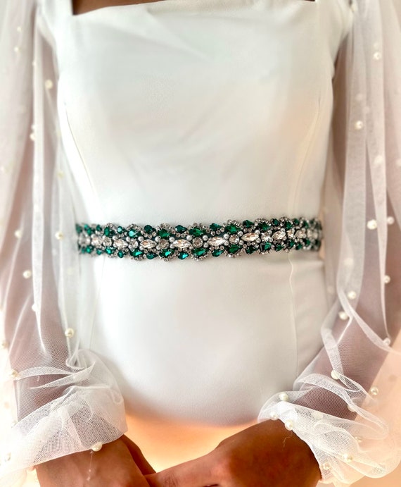 green waist belts for dresses A-Line Puff Sleeves Satin Green Short Prom Dress, Cute Homecoming Dress US 8 / Custom Color main image 1