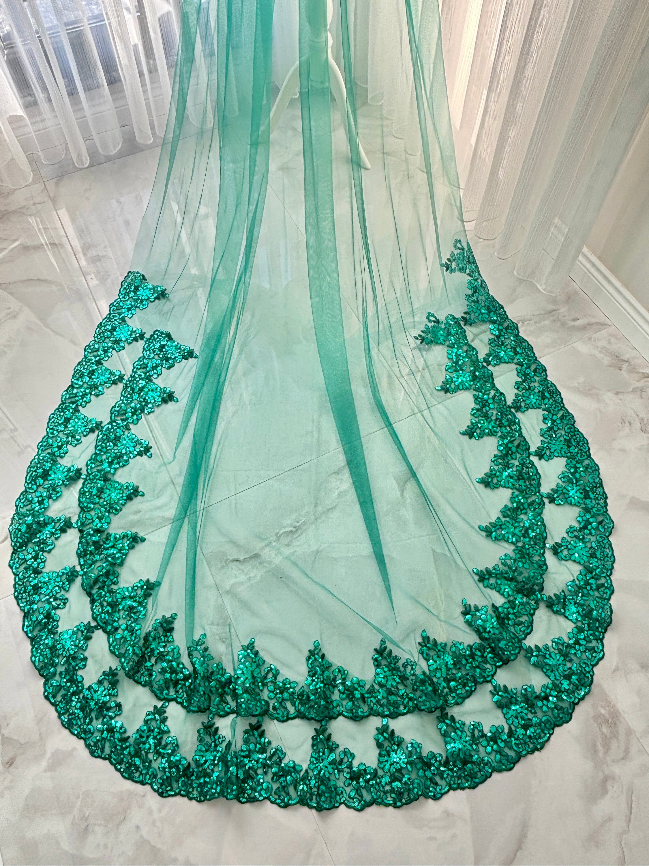 Green lace embroidery cathedral veil Two Layered Emerald Green Wedding Veil Floral Lace Cathedral  main image 3