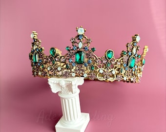 Royal Queen Crystal Bronze Crown Baroque Emerald Green Opal Birthday Wedding Gift Diadem Princess Round Tiara Gothic Quinceanera Crown